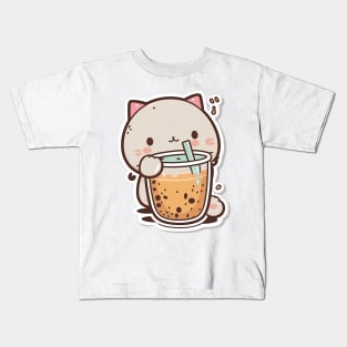 Copy of Cute Cat Drinking Bubble Tea Cartoon Boba Drawing Kids T-Shirt